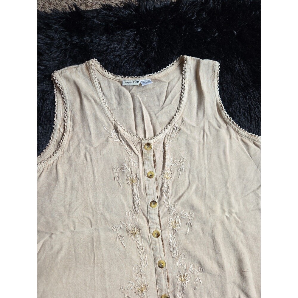 Raya Sun Swing Tank Dress L Beige Embroidery Lace Ruffles Lightweight Buttons - Picture 4 of 11